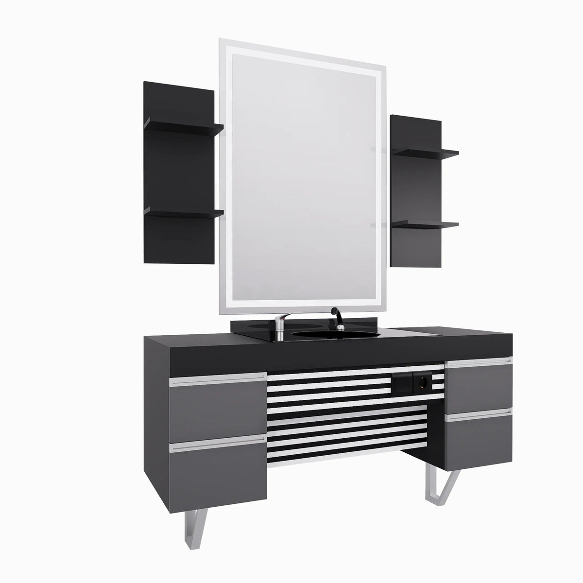 Modern Barberarstation i Svart & Grå med LED-spegel BarberCity