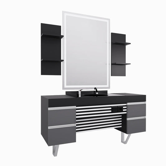 Modern Barberarstation i Svart & Grå med LED-spegel BarberCity